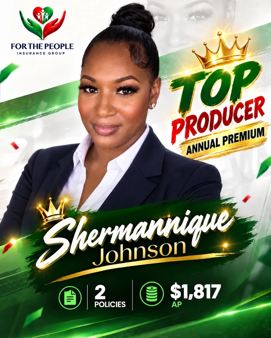 Top Producer recognition graphic for Shermannique Johnson: 2 policies in one day