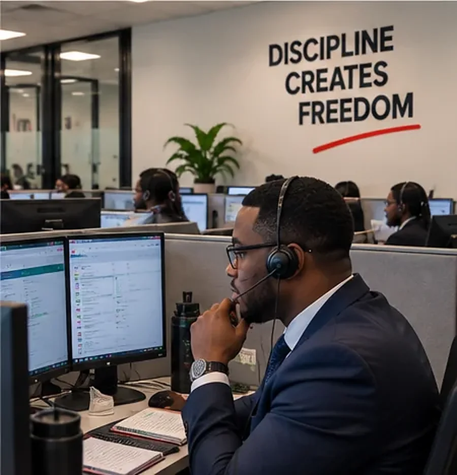 An agent in a suit on a headset at his desk, Discipline Creates Freedom on the wall