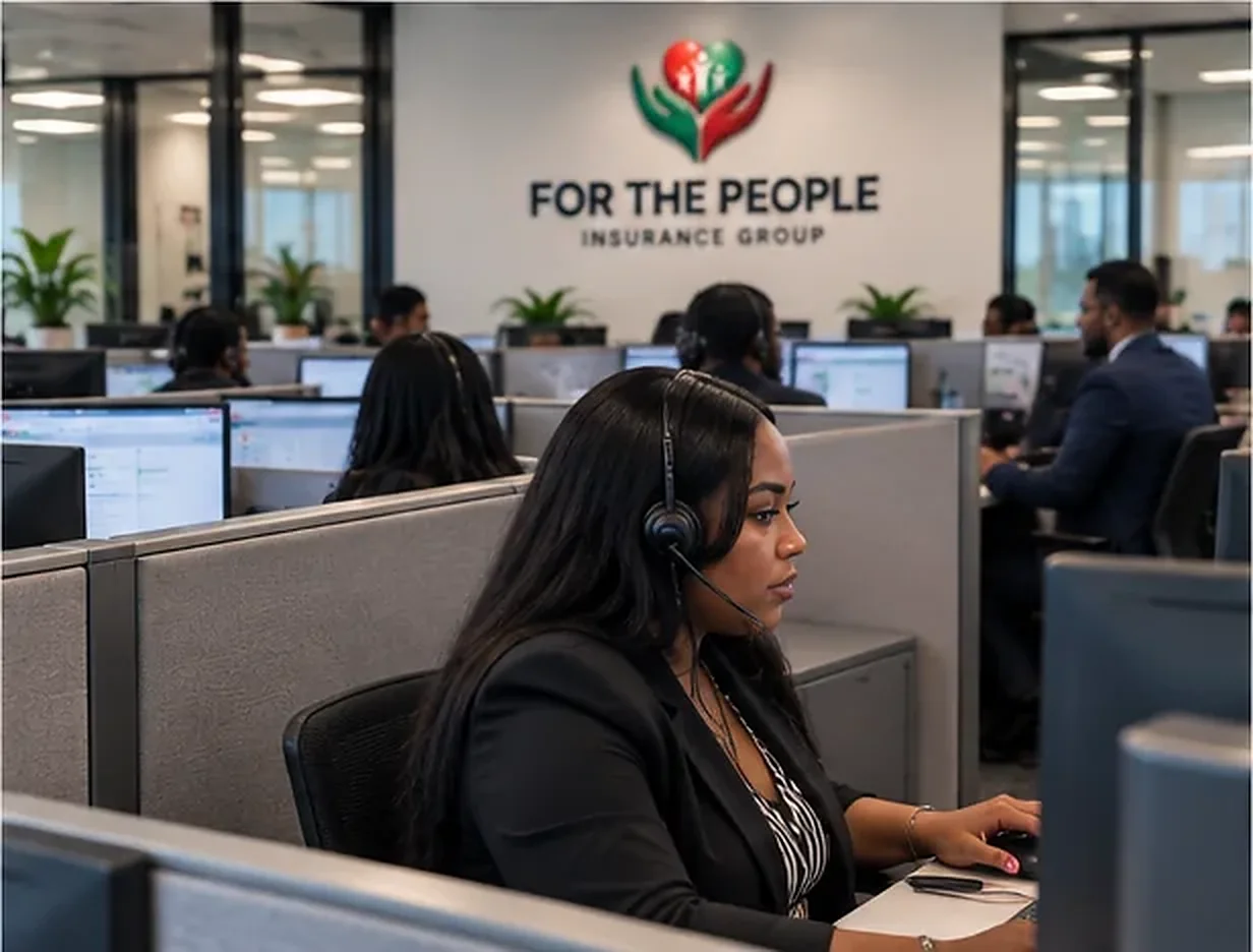 An agent wearing a headset, talking a caller through their options, the team behind her