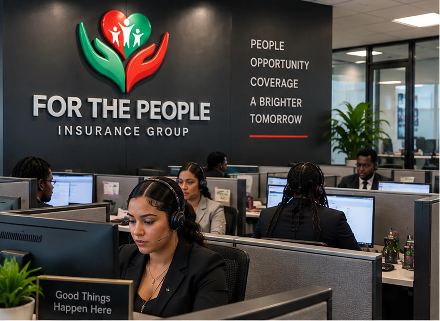 An agent on a headset at her desk under the For The People wall, the team on calls behind her