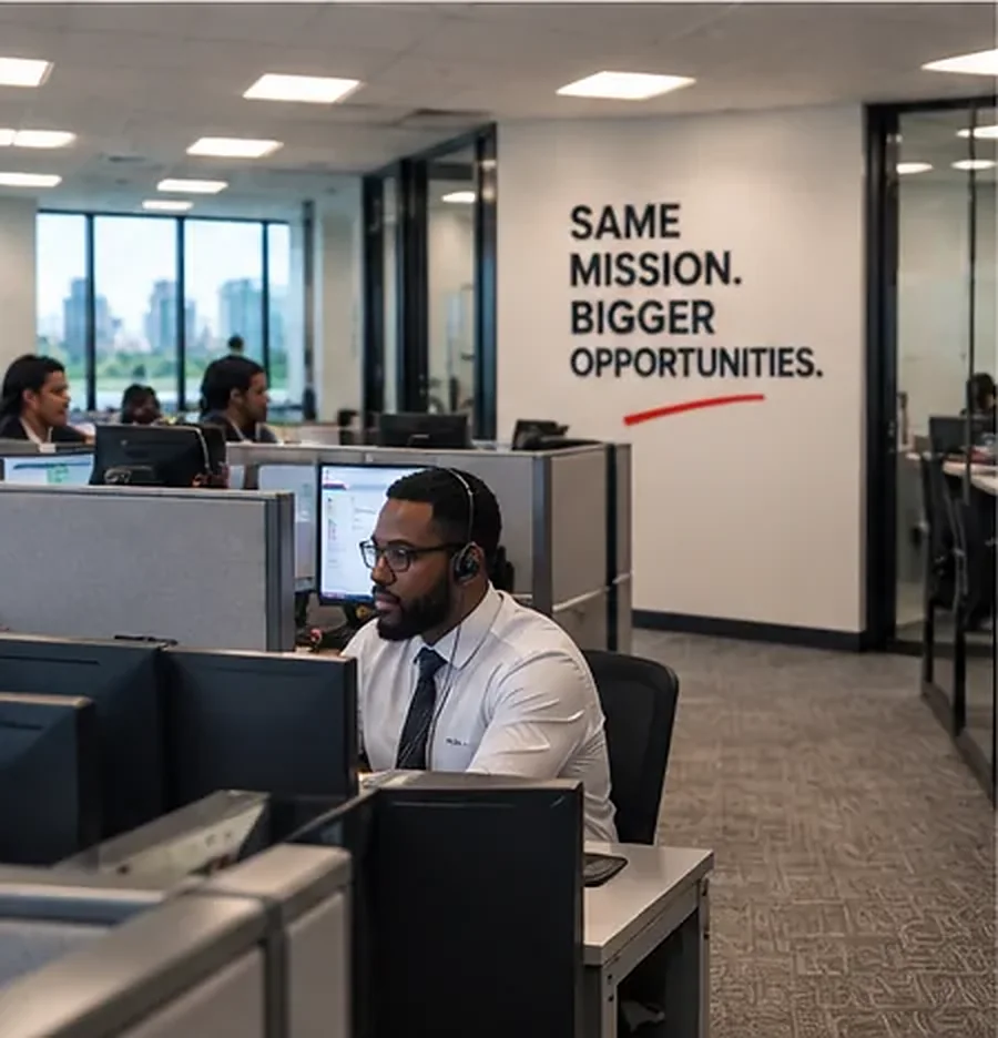 The team on calls at their desks, Same Mission, Bigger Opportunities on the wall