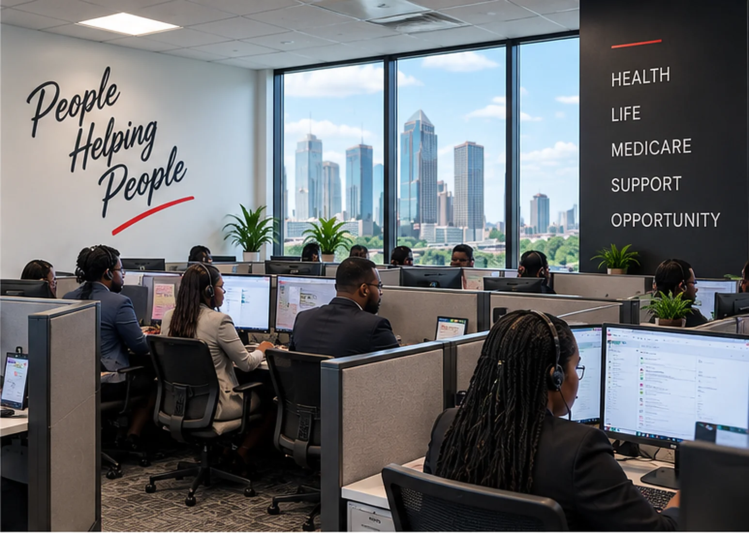 The Houston office floor, People Helping People on the wall and the skyline through the windows