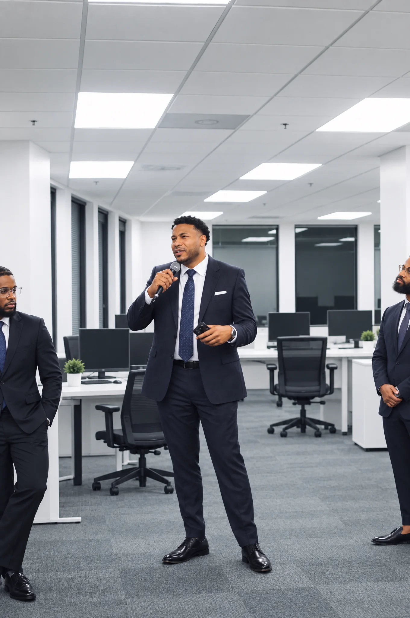 Harrison on the microphone, training the team on the office floor