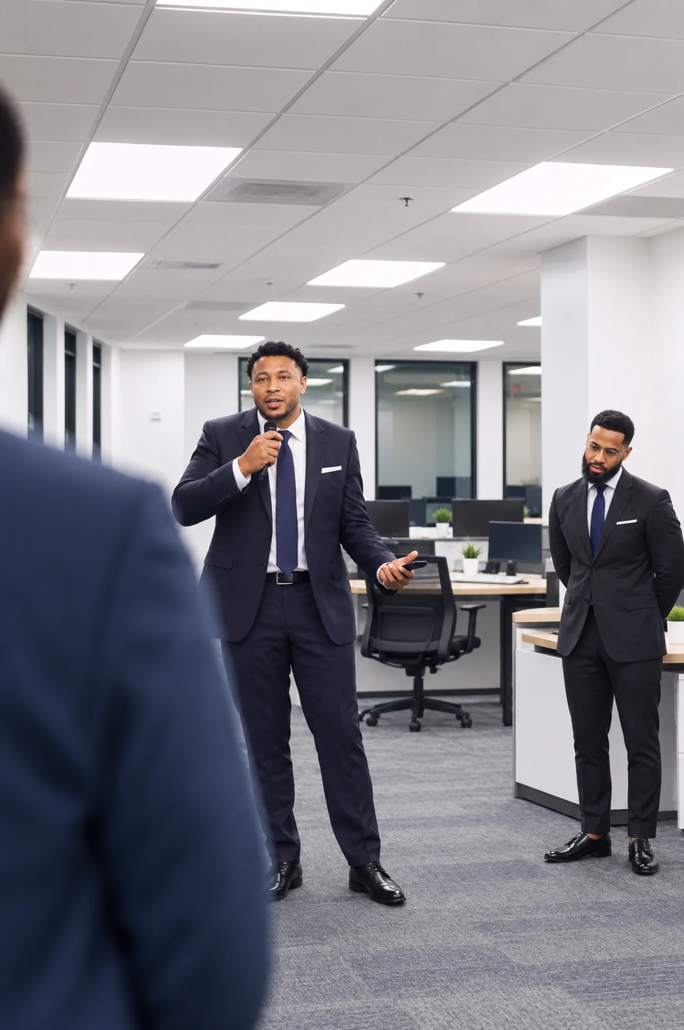 Harrison training the office floor, microphone in hand